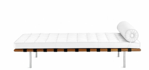 Cama de día BARNA, madera, acero inoxidable, similpiel blanca