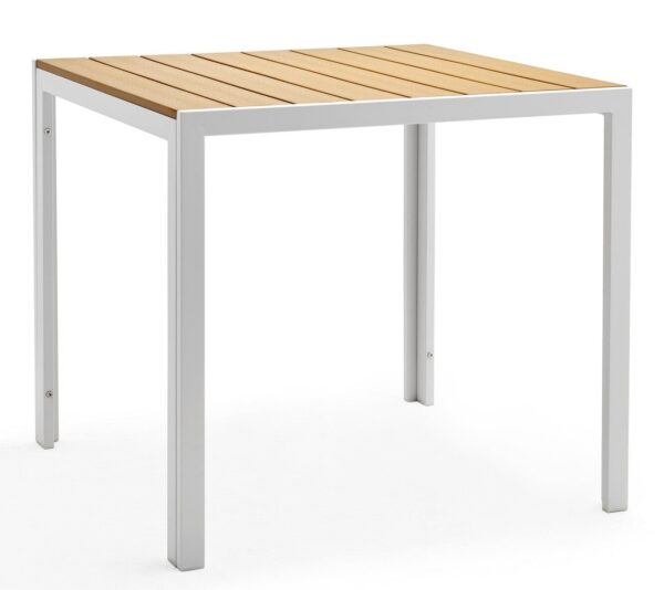 Mesa GARIBALDI, metal blanco, tablero polywood amarillo, 80 x 80 cms.