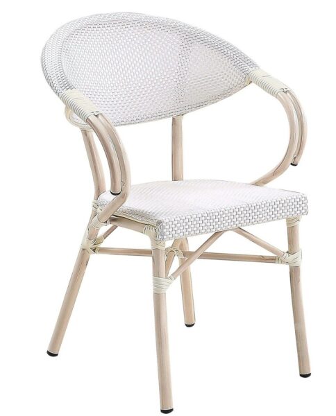 Sillón NERJA, apilable, aluminio, teslin blanco, plata y gris