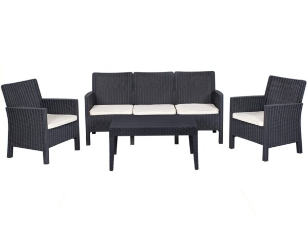 Set ADRIÁTICO, 2 Sillones + Sofá 3 plazas + mesa, polipropileno antracita, cojines incluidos