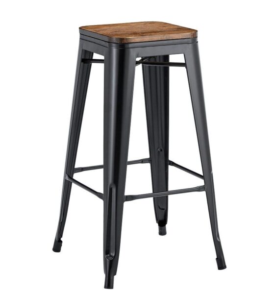 Taburete TOL EK WOOD, acero, negro, asiento madera