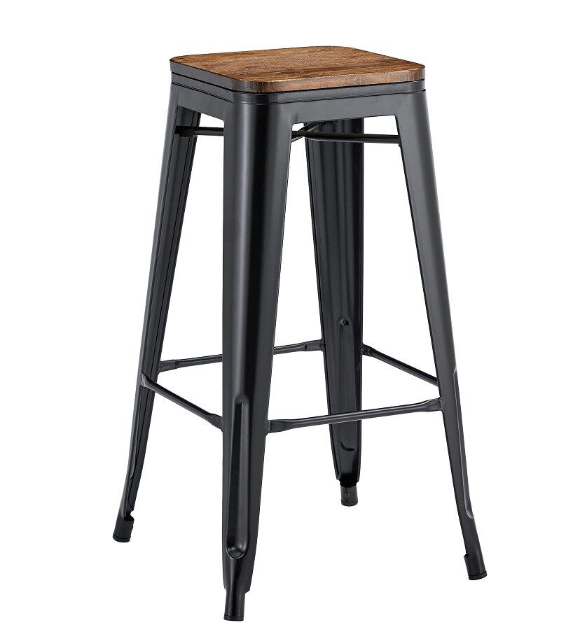 Taburete TOL EK WOOD, acero, negro, asiento madera