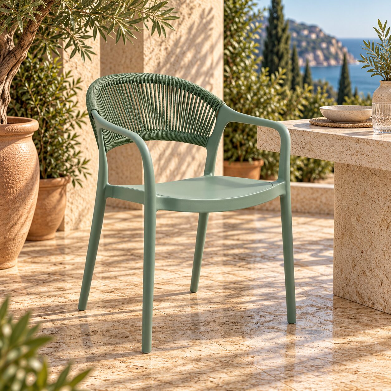 Sillón IBIZA, apilable, tratamiento anti UV, polipropileno y cuerda verde claro
