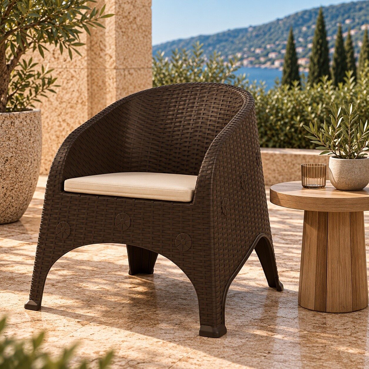Sillón SURF, apilable, polipropileno marrón chocolate, cojín beige