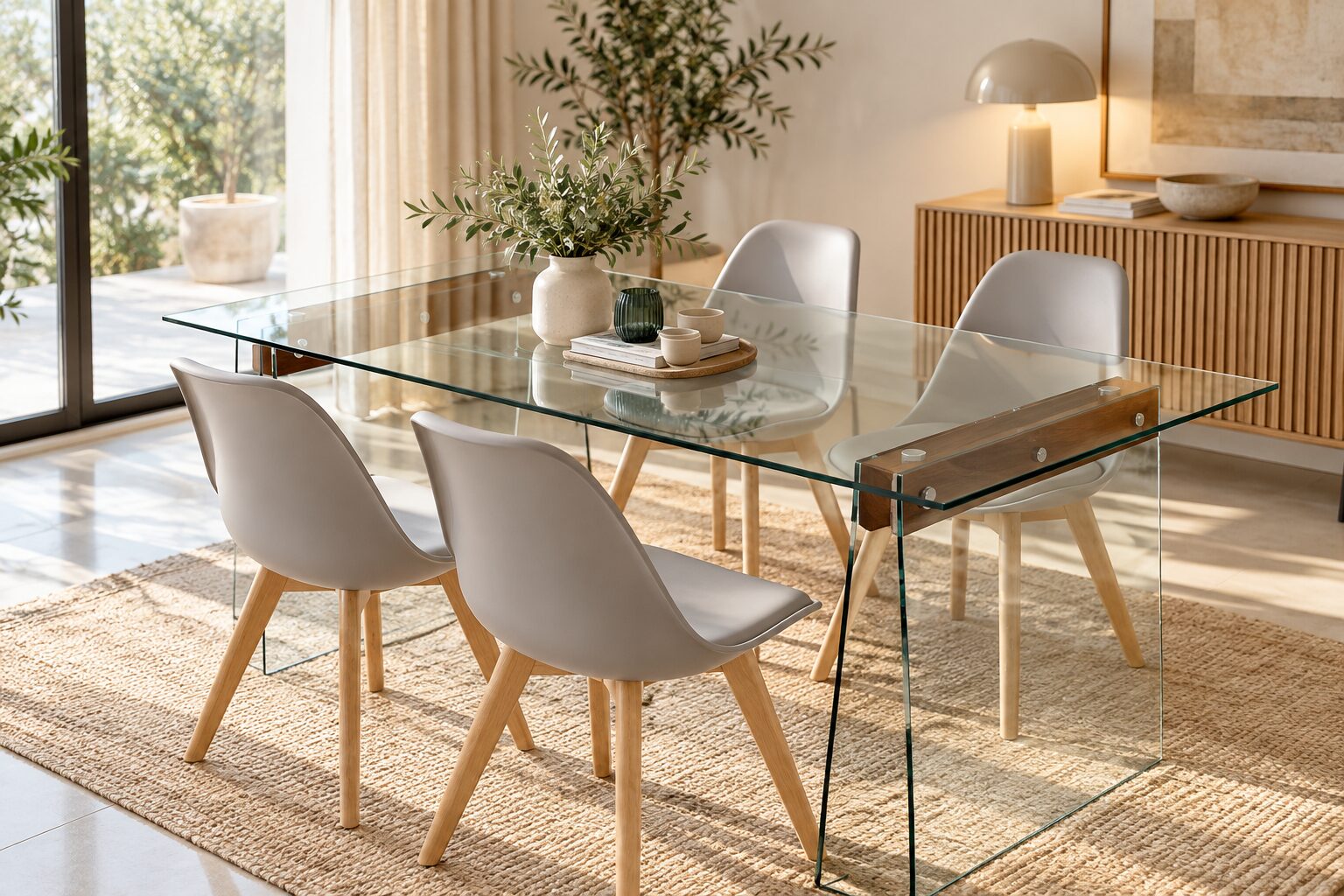 Mesa SELENE, madera, cristal templado, 200×90 cms