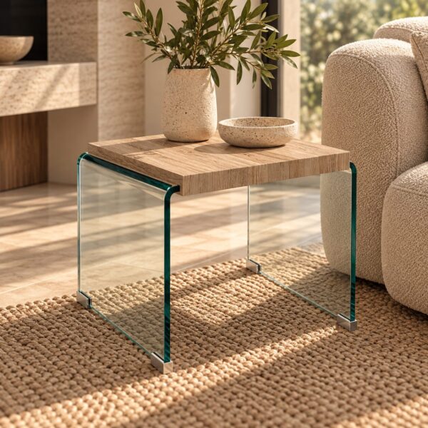 Mesa OSIRIS, baja, madera, cristal curvado, 55×55 cms