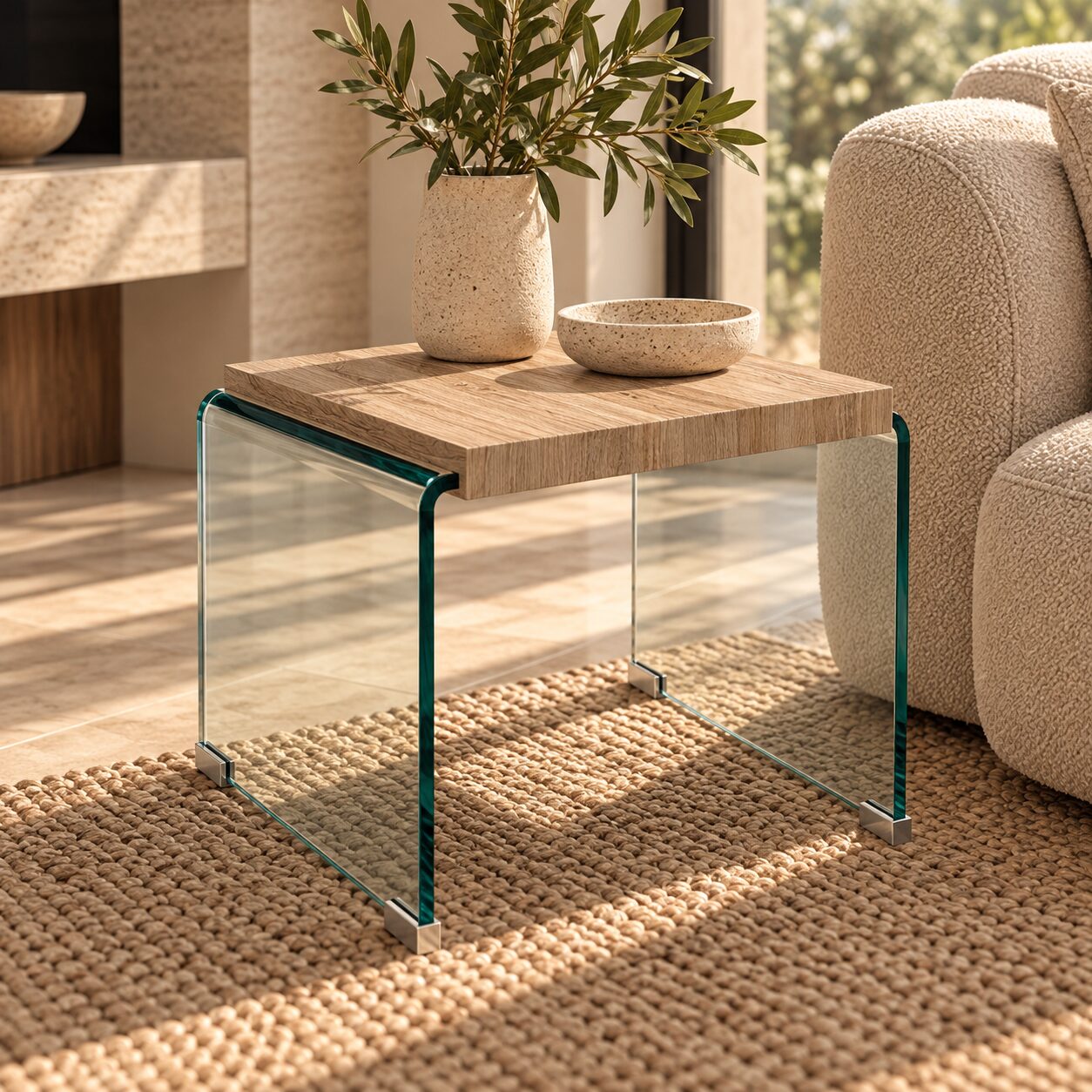 Mesa OSIRIS, baja, madera, cristal curvado, 55×55 cms