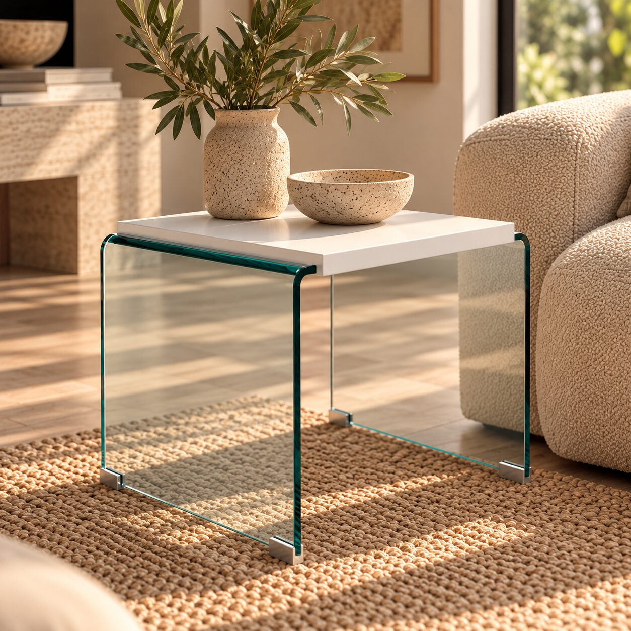 Mesa ARISTON, baja, lacada blanca, cristal, 60 x 63 cms