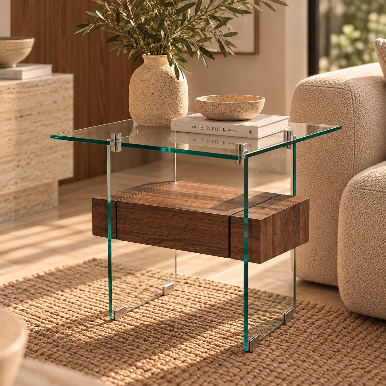 Mesa SUIZA, baja, madera, cristal, 55 x 55 cms