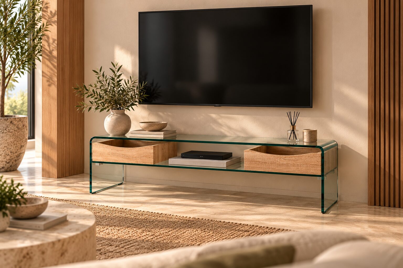 Mesa TV LIBRA, cajones, cristal curvado, 120 x 35 cms