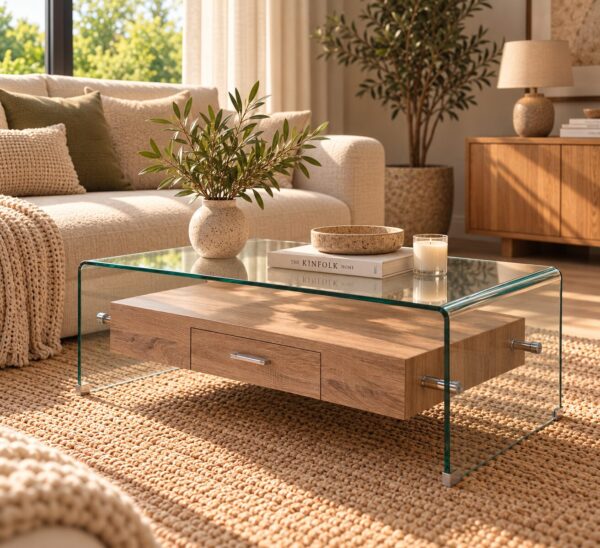 Mesa MARILYN, baja, madera, cristal, 110×55 cms