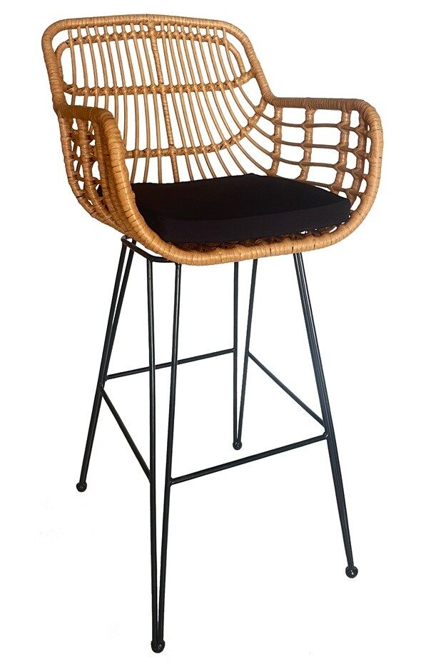 Taburete JAMBI, metal, ratán beige, cojín negro