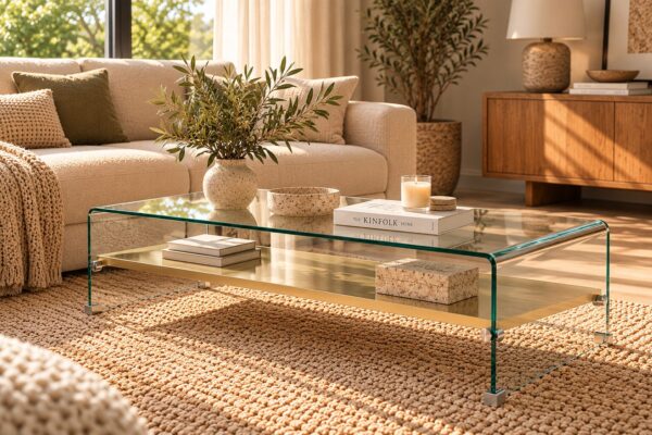 Mesa POITIERS, baja, estante, cristal, 110×55 cms