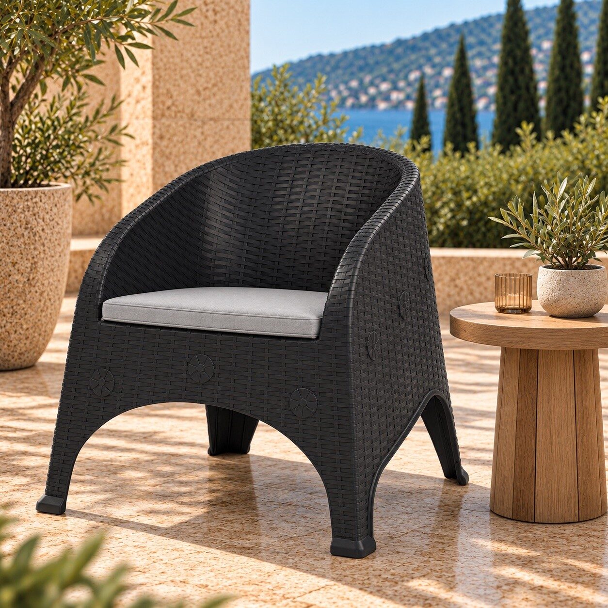 Sillón SURF, apilable, polipropileno antracita, cojín gris