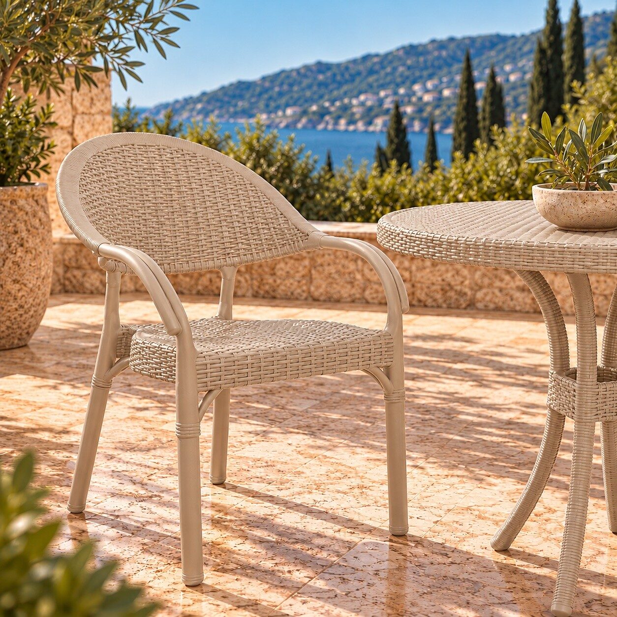 Sillón TORREMOLINOS, apilable, patas metálicas, polipropileno capuccino