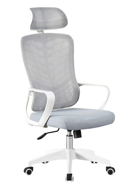 Sillón de oficina MELLAC, alto, blanco, malla y asiento gris