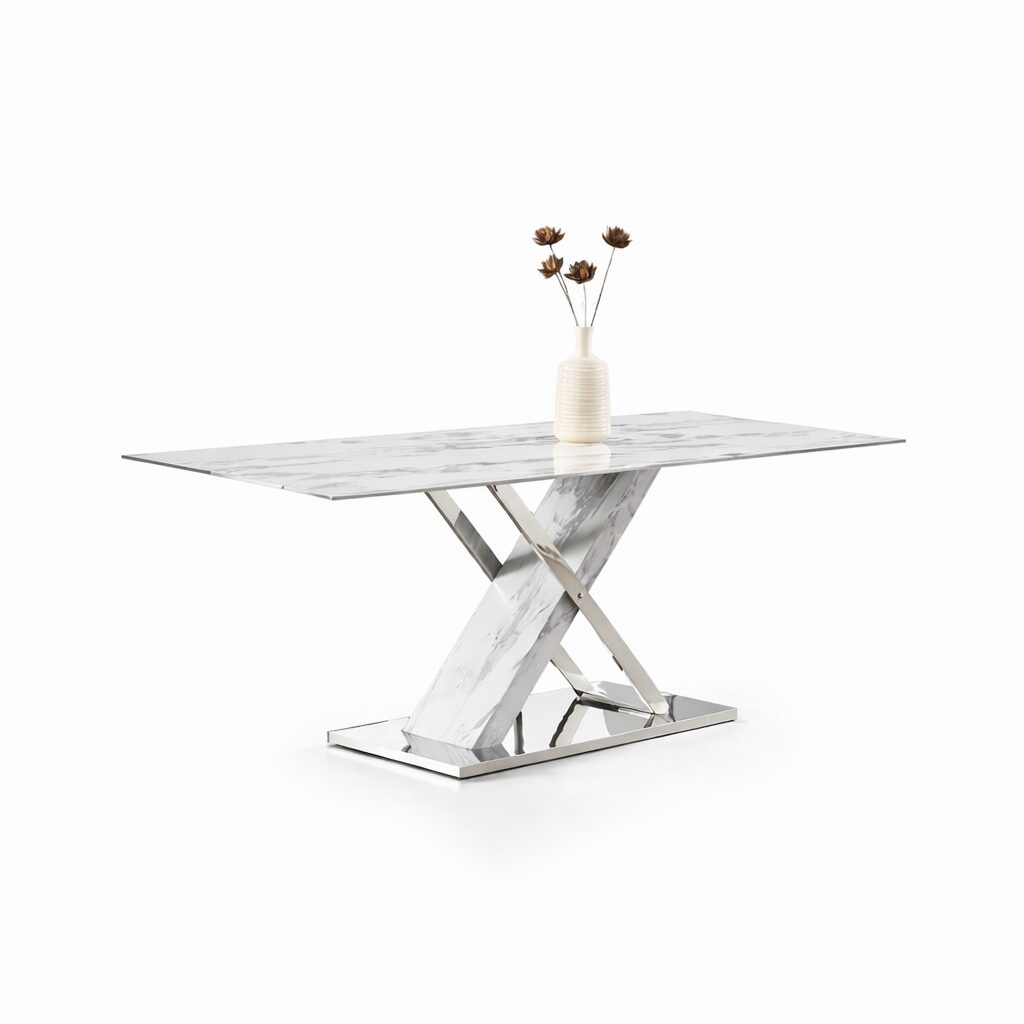 Mesa SIGRID, acero inoxidable, DM, tapa de cristal templado, 180 x 90 cms