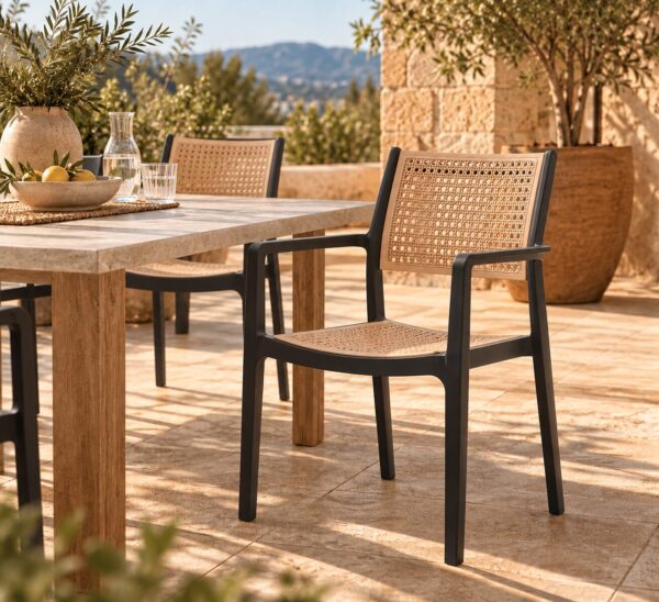 Sillón ALVOR 97, apilable, polipropileno negro y beige