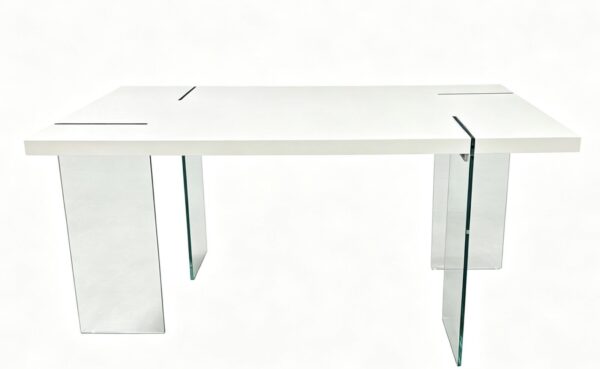 Mesa ARLON, cristal templado, tapa lacada blanca, 160 x 90 cms