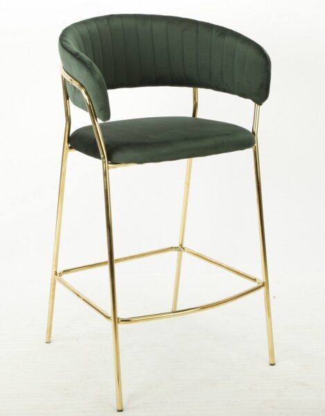 Taburete KEFREN, metal, cromado dorado, tapizado velvet verde oscuro