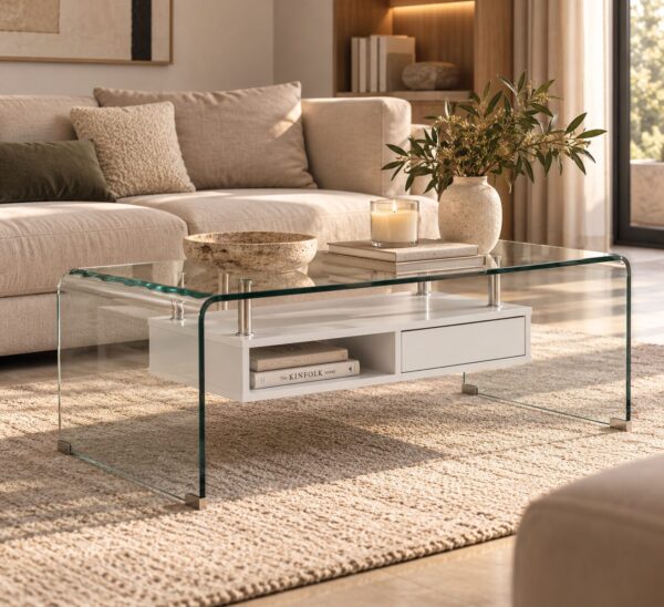 Mesa NEWARK, baja, estante blanco, cristal curvado, 110 x 60 cms