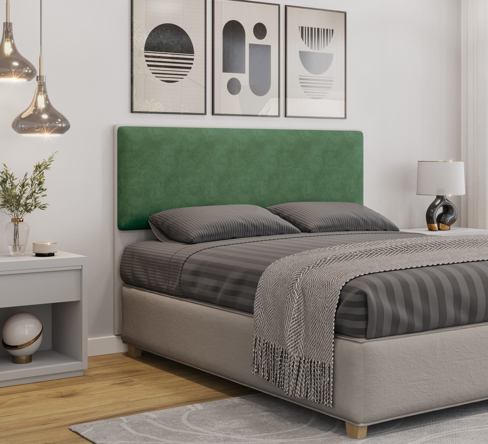 Cabecero tapizado UNI 160, MDP blanco, tejido velvet verde, 160x5x90 cms