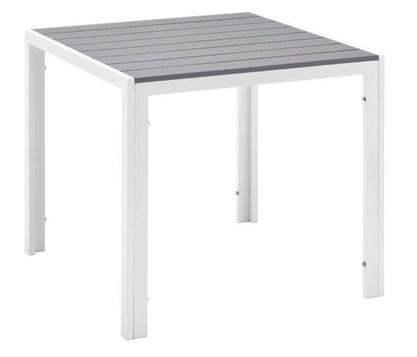 Mesa GARIBALDI, metal blanco, tablero polywood gris, 80 x 80 cms.