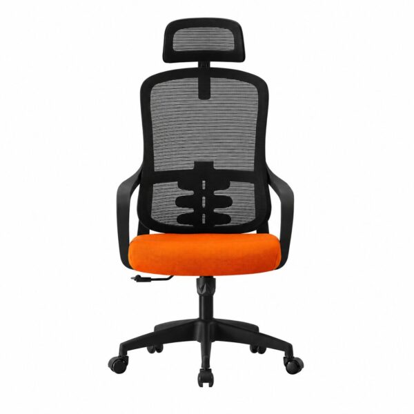 Sillón de oficina BELLOU NNA, alto, negro, malla negra, asiento naranja