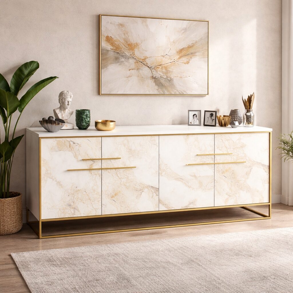 Aparador SIENA, bilaminado mármol blanco con metal dorado, 180 cms.