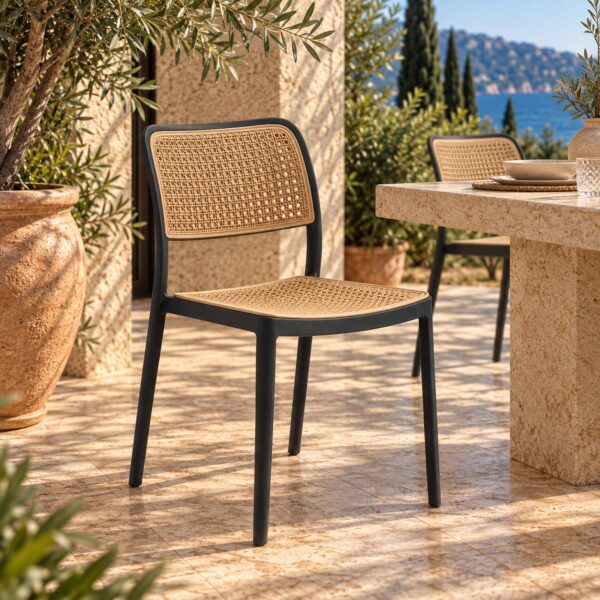 Silla NIJAR NB, apilable, tratamiento anti UV, polipropileno negro y beige