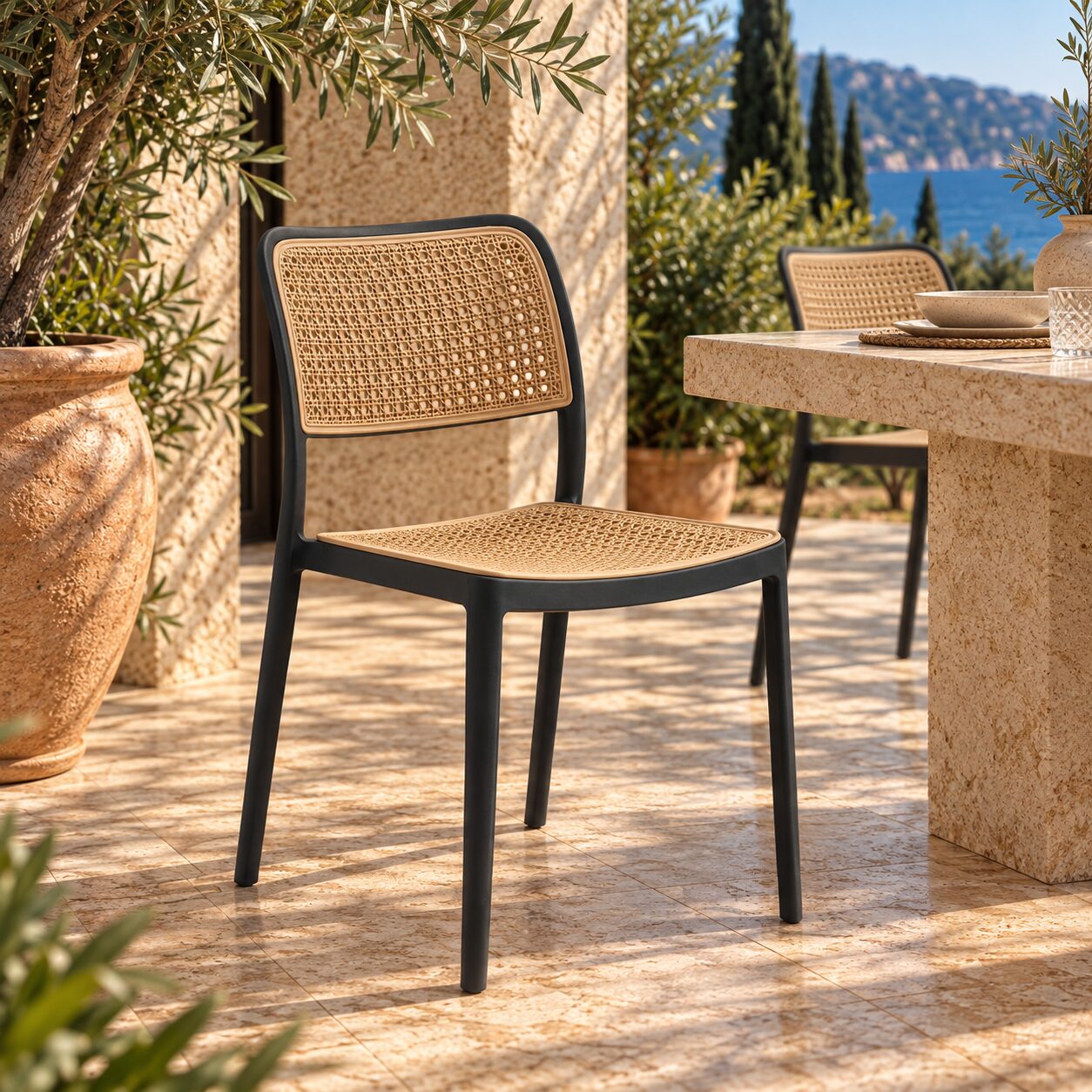 Silla NIJAR NB, apilable, tratamiento anti UV, polipropileno negro y beige