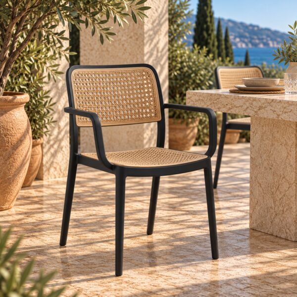 Sillón NIJAR NB, apilable, tratamiento anti UV, polipropileno negro y beige