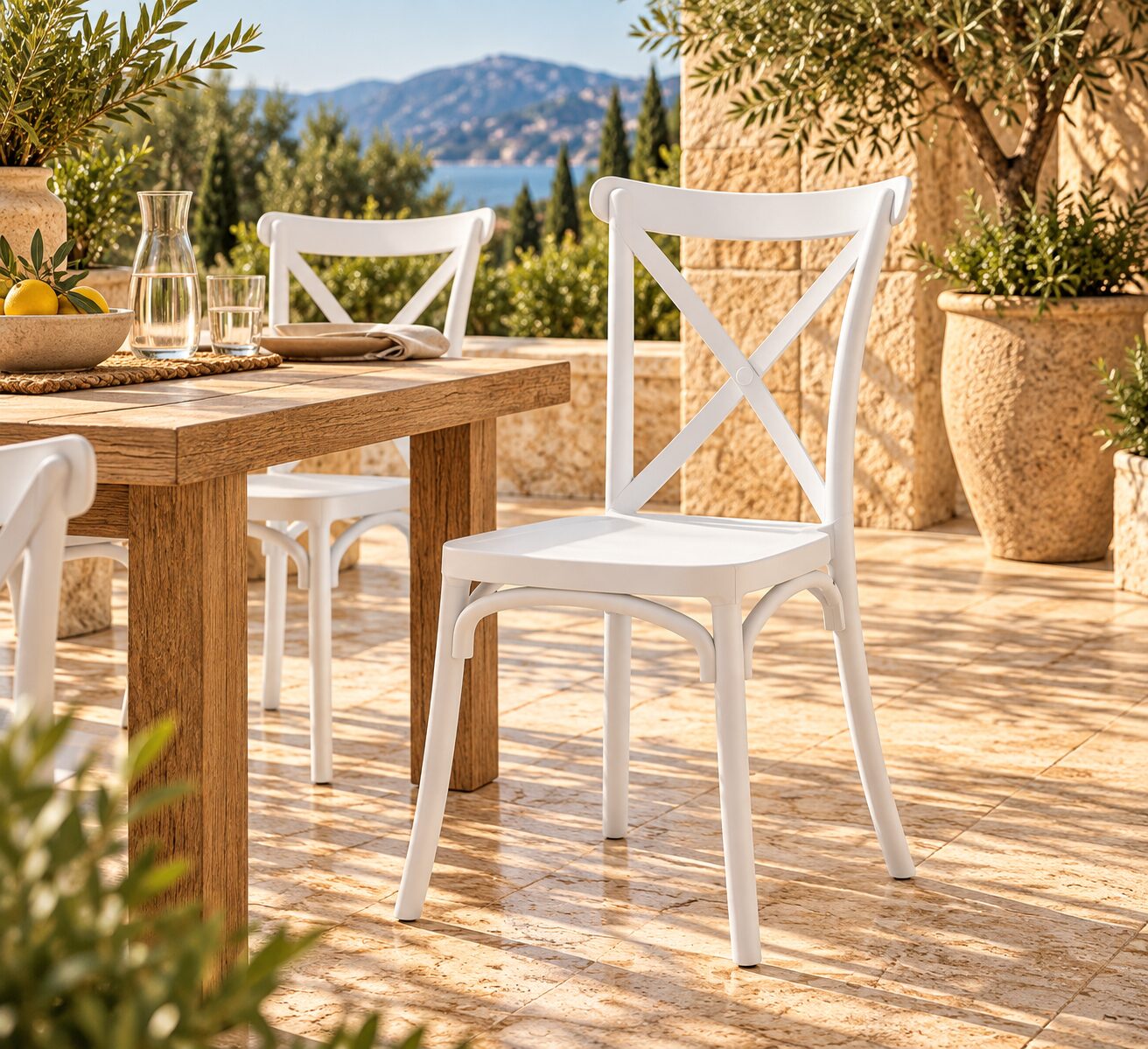 Silla CORFÚ, apilable, tratamiento anti UV, polipropileno blanco