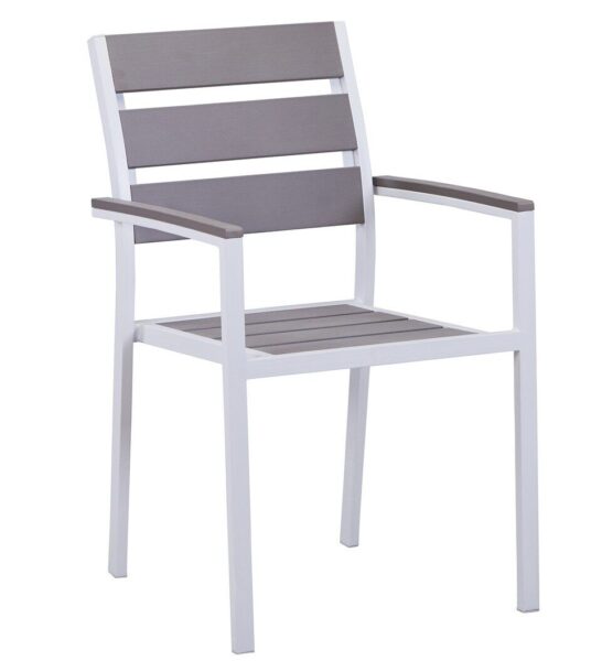 Sillón GARIBALDI, apilable, metal blanco, polywood gris